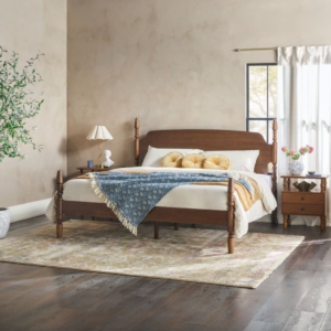 Traditional solid wood turned spindle bed frame in warm walnut finish with curved headboard by WoodBee Craft