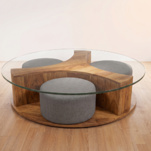 Round glass coffee table with nested stools and solid mango wood 3 spoke base by WoodBee Craft