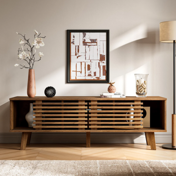 2 WoodBee Craft "The Horizon Slatted" Handcrafted Slatted Wood TV Console Cabinet