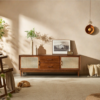 2 WoodBee Craft "The Solstice Credenza" Handcrafted Rattan Cane Door Wood TV Console