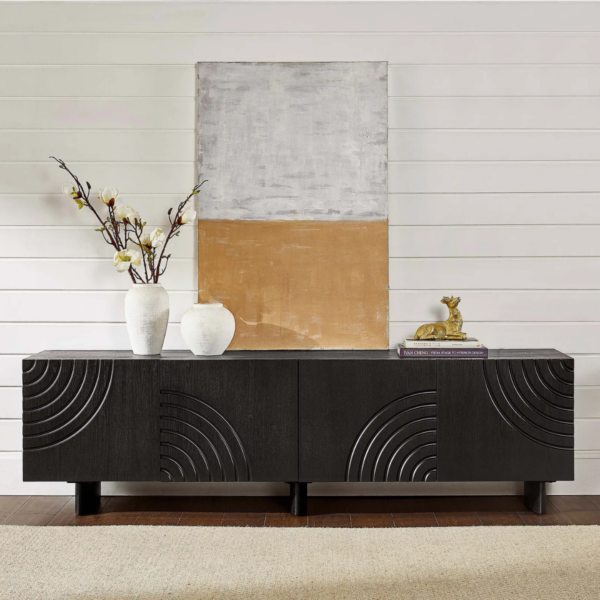 2 WoodBee Craft "The Eclipse Arch" Handcrafted Carved Black Wood TV Console Credenza