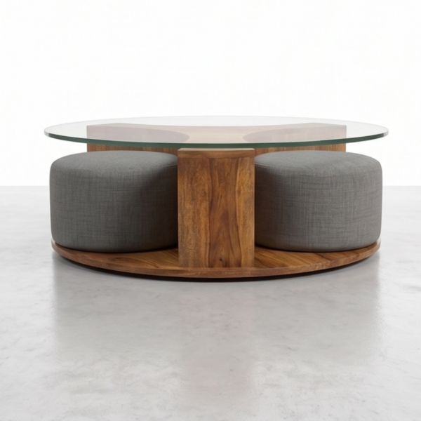 2 WoodBee Craft "The Trio Sphere" Round Glass Coffee Table with Nested Stools