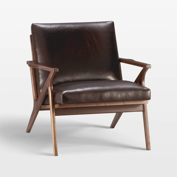 2 Mid century leatherette accent chair with dark brown upholstery and sculptural walnut timber frame by WoodBee Craft