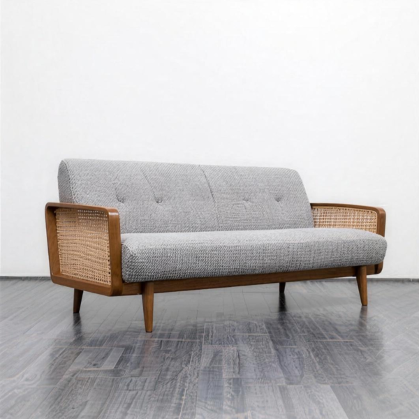 Mid century 3 seater cane armrest sofa with grey fabric upholstery and solid wood frame by WoodBee Craft