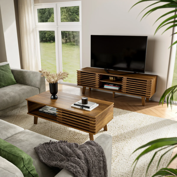 3 WoodBee Craft "The Horizon Slatted" Handcrafted Slatted Wood TV Console Cabinet