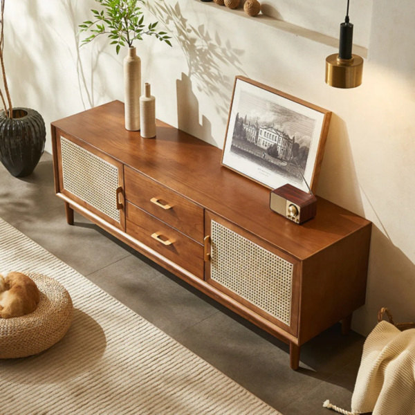 3 WoodBee Craft "The Solstice Credenza" Handcrafted Rattan Cane Door Wood TV Console