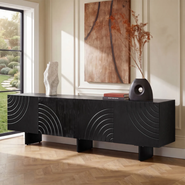 3 WoodBee Craft "The Eclipse Arch" Handcrafted Carved Black Wood TV Console Credenza