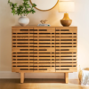3 Modern ventilated slatted wood shoe cabinet in light oak finish with three doors by WoodBee Craft