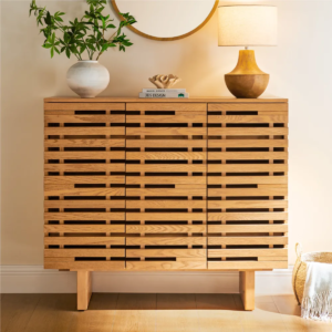 Modern ventilated slatted wood shoe cabinet in light oak finish with three doors by WoodBee Craft