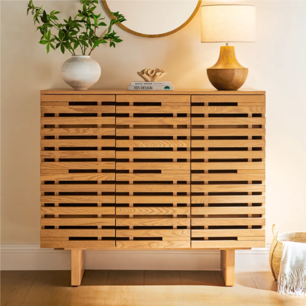 3 Modern ventilated slatted wood shoe cabinet in light oak finish with three doors by WoodBee Craft