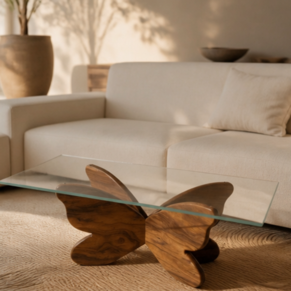 3 WoodBee Craft "The Mariposa" Premium Sculptural Butterfly Glass Coffee Table