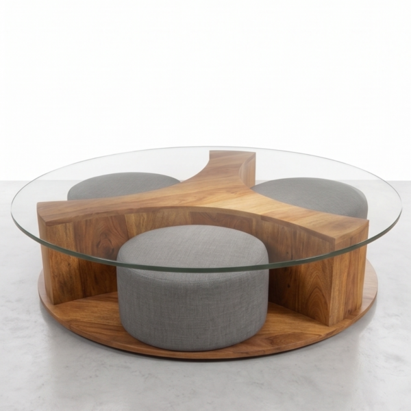 3 WoodBee Craft "The Trio Sphere" Round Glass Coffee Table with Nested Stools