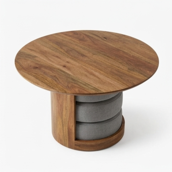 4 WoodBee Craft "The Trio Nest" Handcrafted Round Coffee Table with Stacked Ottoman Cushions