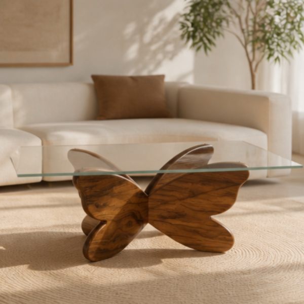 4 WoodBee Craft "The Mariposa" Premium Sculptural Butterfly Glass Coffee Table