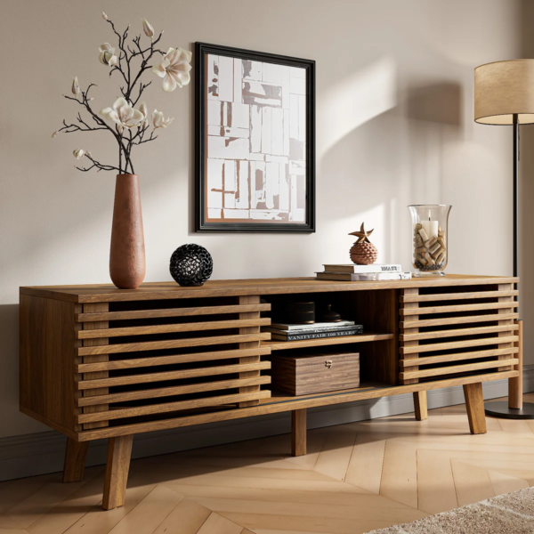 5 WoodBee Craft "The Horizon Slatted" Handcrafted Slatted Wood TV Console Cabinet