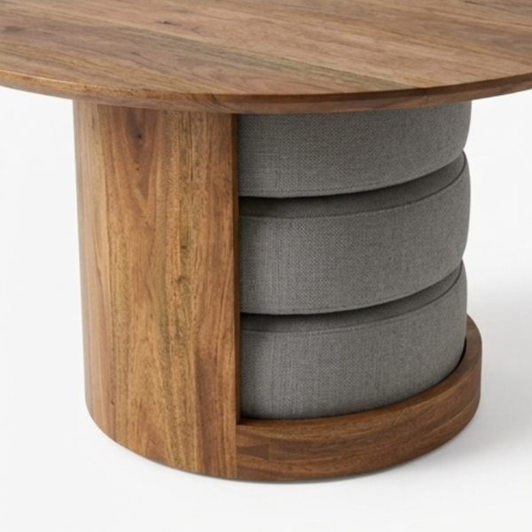 5 WoodBee Craft "The Trio Nest" Handcrafted Round Coffee Table with Stacked Ottoman Cushions