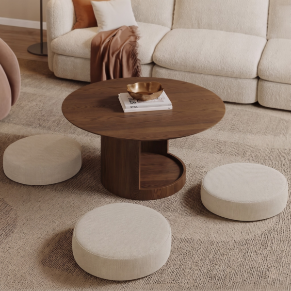 6 WoodBee Craft "The Trio Nest" Handcrafted Round Coffee Table with Stacked Ottoman Cushions