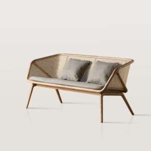 Modern 2 seater cane woven loveseat sofa with solid wood frame and grey fabric cushions by WoodBee Craft