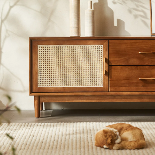7 WoodBee Craft "The Solstice Credenza" Handcrafted Rattan Cane Door Wood TV Console