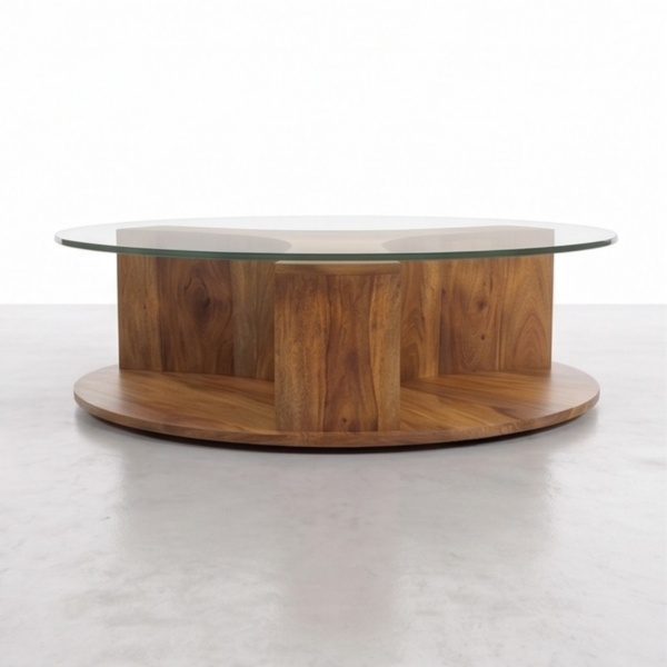 7 WoodBee Craft "The Trio Sphere" Round Glass Coffee Table with Nested Stools