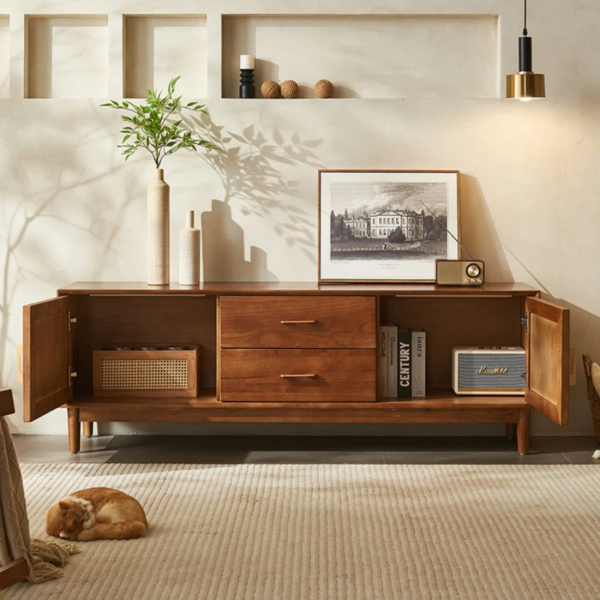 9 WoodBee Craft "The Solstice Credenza" Handcrafted Rattan Cane Door Wood TV Console