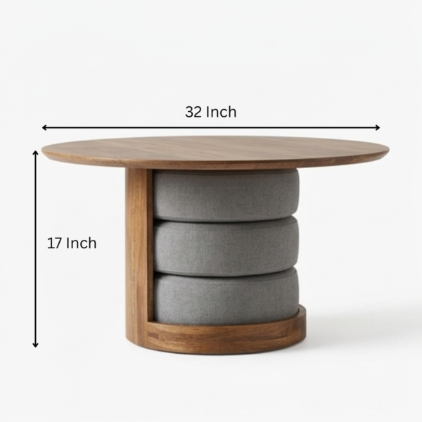 9 WoodBee Craft "The Trio Nest" Handcrafted Round Coffee Table with Stacked Ottoman Cushions