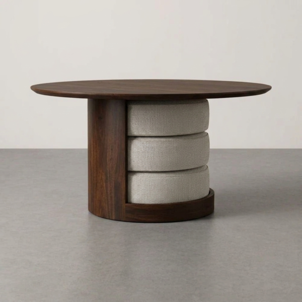 WB-CT-025 WoodBee Craft "The Trio Nest" Handcrafted Round Coffee Table with Stacked Ottoman Cushions