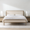 WBC-BED-013 Modern upholstered wood panel bed frame in natural oak finish with cream linen headboard by WoodBee Craft