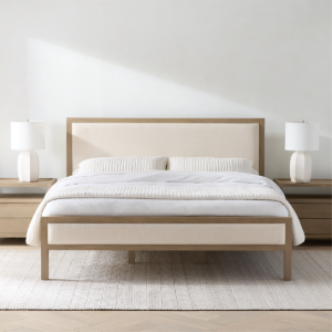 Modern upholstered wood panel bed frame in natural oak finish with cream linen headboard by WoodBee Craft