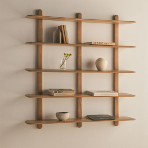 Modern 5 tier wood floating wall shelf unit in natural oak finish by WoodBee Craft