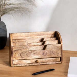 Handcrafted wooden desk mail organizer with drawer in natural solid mango wood by WoodBee Craft