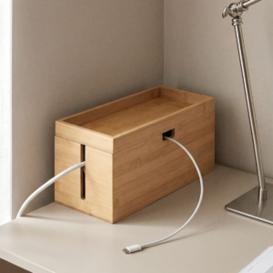 Handcrafted wooden cable box on minimalist desk concealing surge protector cords by WoodBee Craft