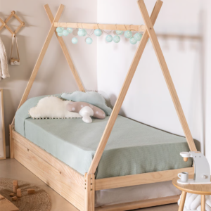 1 Handcrafted solid wood kids teepee bed with trundle closed in natural pine finish by WoodBee Craft