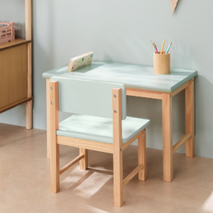 Handcrafted kids wooden desk and chair set in natural pine and pastel mint by Woodbee craft