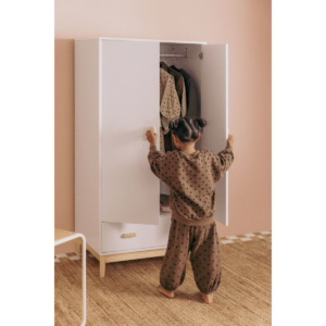 Handcrafted kids two door wooden wardrobe with bottom drawer in white and natural wood by Woodbee craft