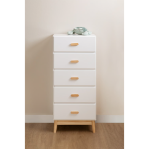 Handcrafted kids five drawer tallboy dresser in white and natural timber by Woodbee craft