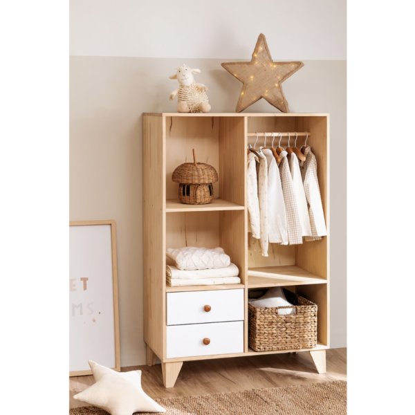 Handcrafted kids open wooden wardrobe with clothes rail and white drawers by Woodbee craft