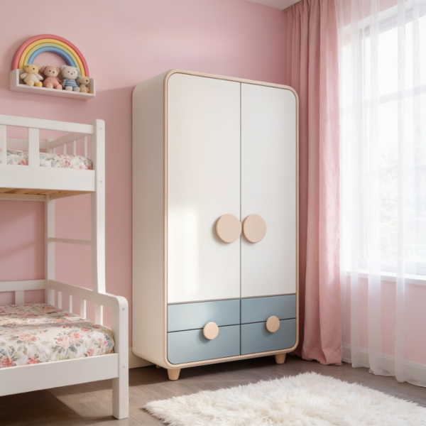 1 Handcrafted kids curved wooden wardrobe with off-white doors and blue drawers by Woodbee craft
