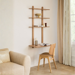 Modern floating wall mounted ladder desk with shelves in natural light oak finish by WoodBee Craft