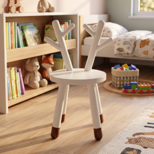 Handcrafted kids wooden antler chair in white with natural wood dipped feet by Woodbee craft