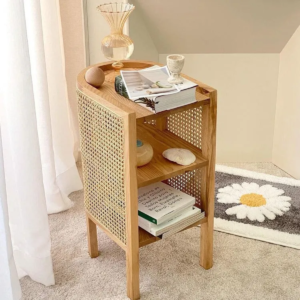 Handcrafted japanese oval wood rattan nightstand with open shelves by Woodbee craft