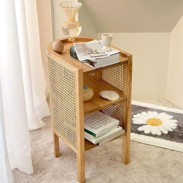 Handcrafted japanese oval wood rattan nightstand with open shelves by Woodbee craft