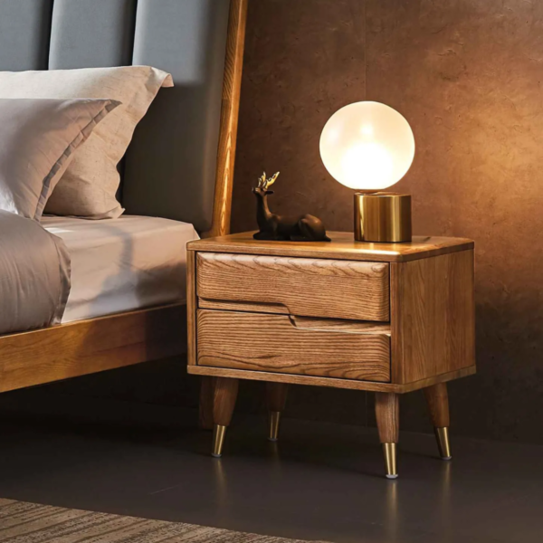 1 Handcrafted mid-century brass tipped wooden nightstand with two drawers by Woodbee craft