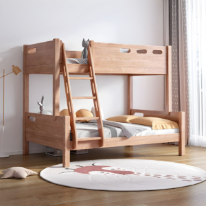 Handcrafted natural solid wood bunk bed frame with angled ladder by Woodbee craft