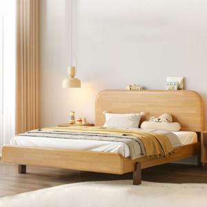 Handcrafted natural curved solid wood bed with rounded headboard by Woodbee craft