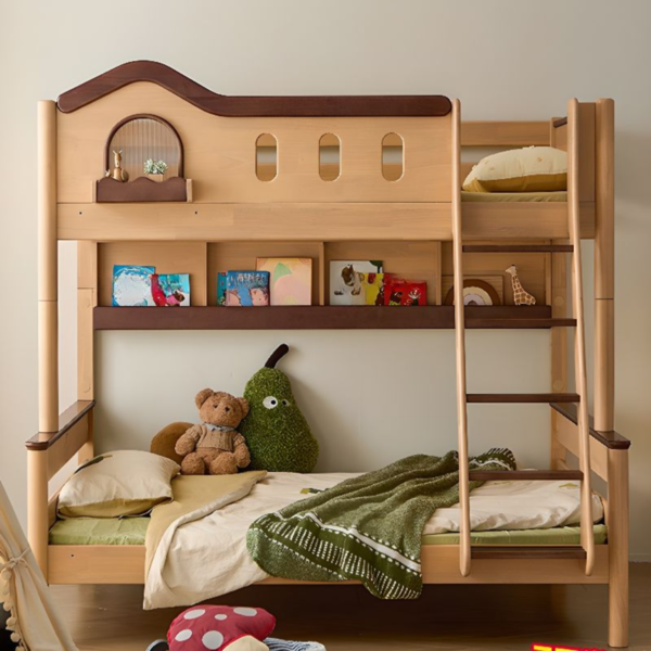 Handcrafted two tone wooden bunk bed bookshelf with ladder by Woodbee craft