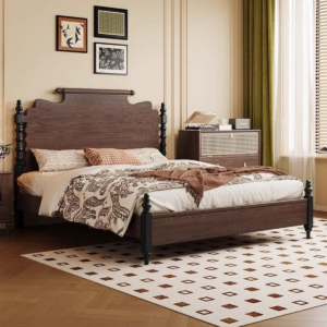 Handcrafted cocoa wooden spindle post bed with stepped crown headboard by Woodbee craft