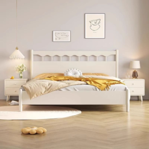 Handcrafted white scalloped spindle wooden bed with curved headboard by Woodbee craft
