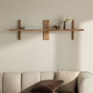 Handcrafted acacia wood wall shelf unit with vertical timber brackets by WoodBee Craft
