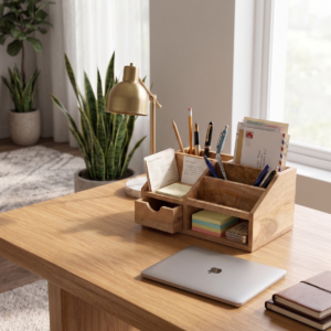 Handcrafted wooden desk organizer with drawer in natural light mango wood by WoodBee Craft